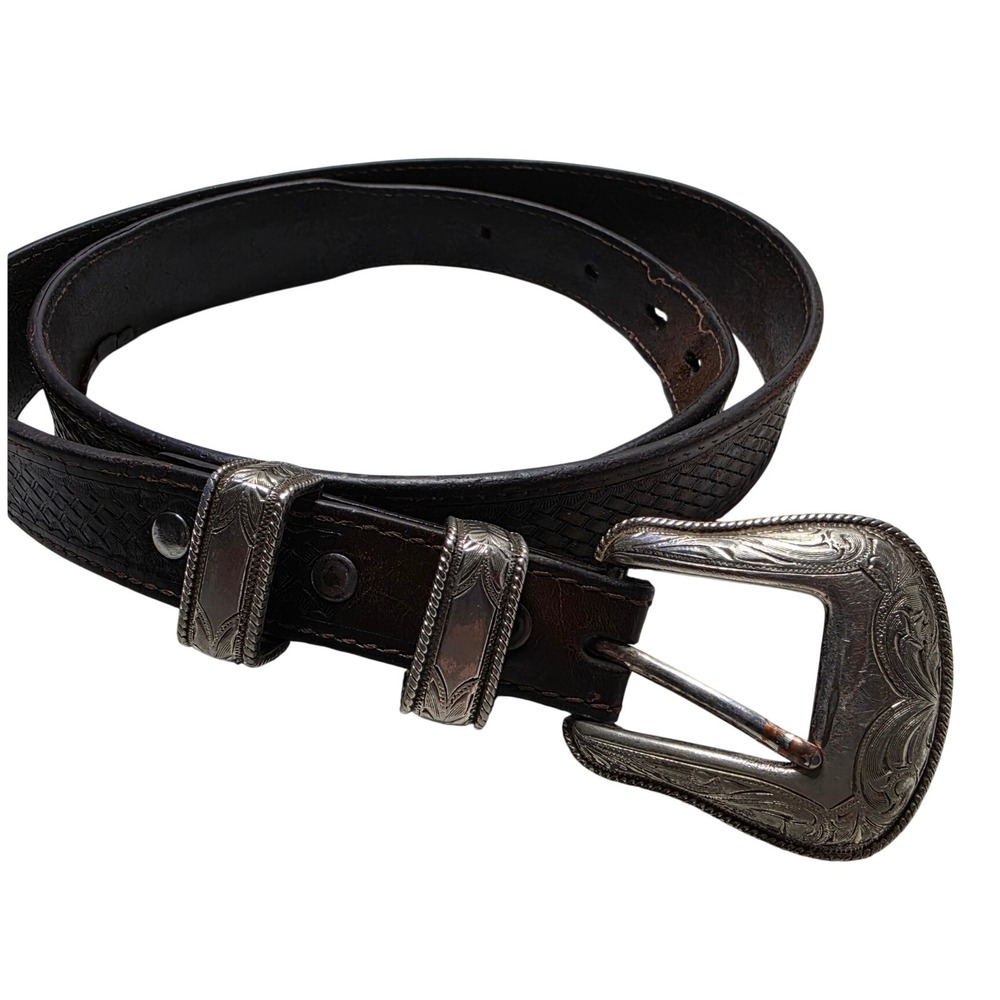 Vintage Handtooled Brown Leather Western Belt Silver Engraved Buckle Set 36